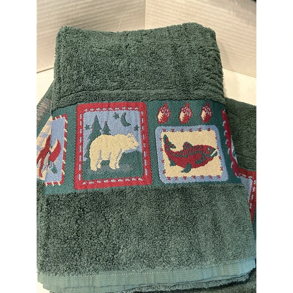Jubilee Bath Towel Set Cabin Woodland Hunting Theme 6 Piece Set Hunter Green